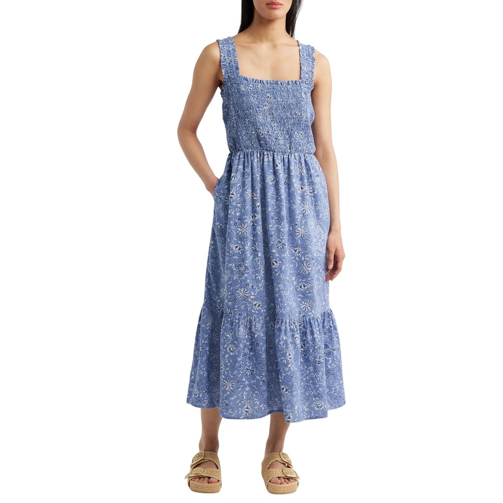 BeachLunchLounge Elissa Print Sundress Size L Spica Blue Maxi Square Neck NWT